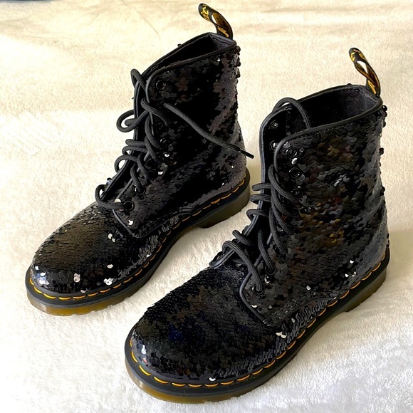 Dr. Martens Shoes - Dr. Martens 1460 Pascal Sequin Black/Silver Combat Boots Women's Size 6